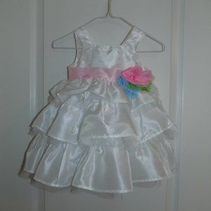 MUD PIE Girls White Tiered Dress Pink Sash Flower Girl Sz 9-12M EUC Wedding